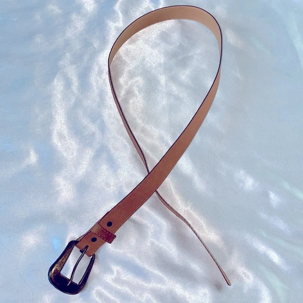 Womens Tan Brown Adjustable Waist Belt Small Medium Antique Brass Buckle‎